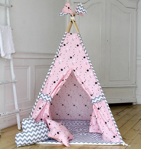 Детский вигвам Звездочки на розовом (комплект с ковриком) — сеть салонов «Мир Детской Мебели»